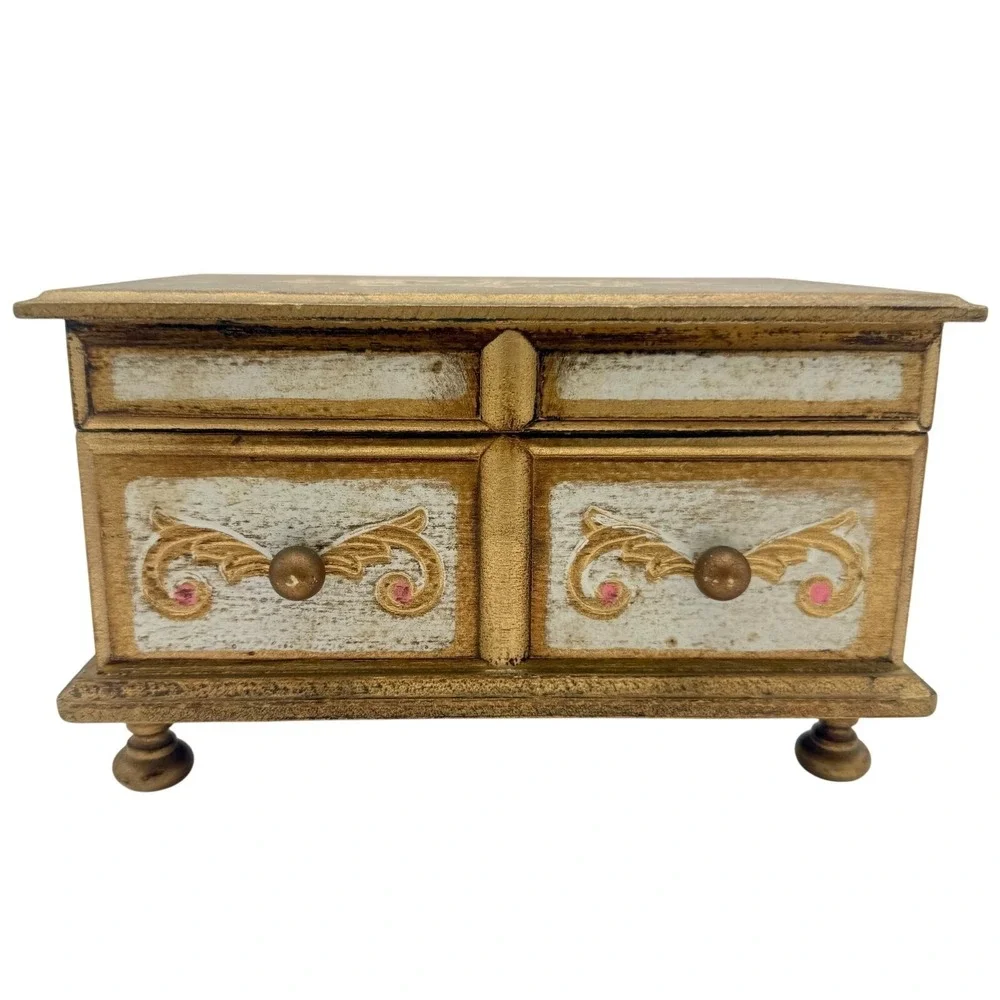 Vintage Italian Florentia Style Music Jewelry Box Wood Chest Red Velvet Plays